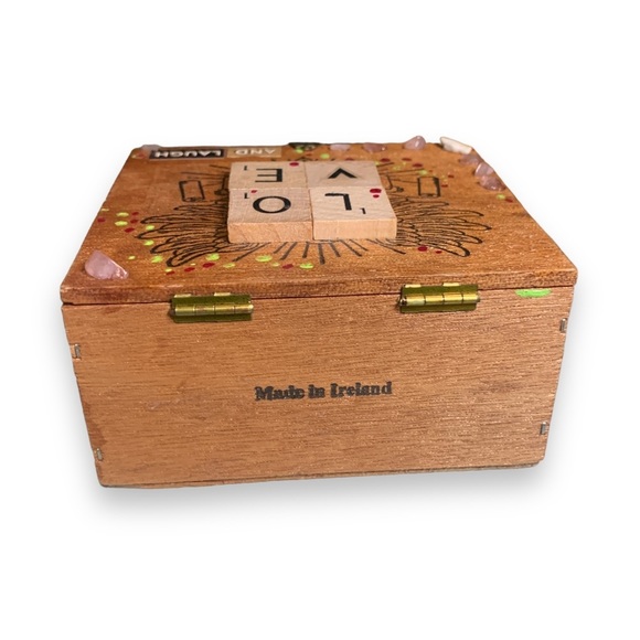 Handmade Upcycled Wooden Stash Box Organizer Rose Quartz Crystal Brass Closure - Picture 12 of 16